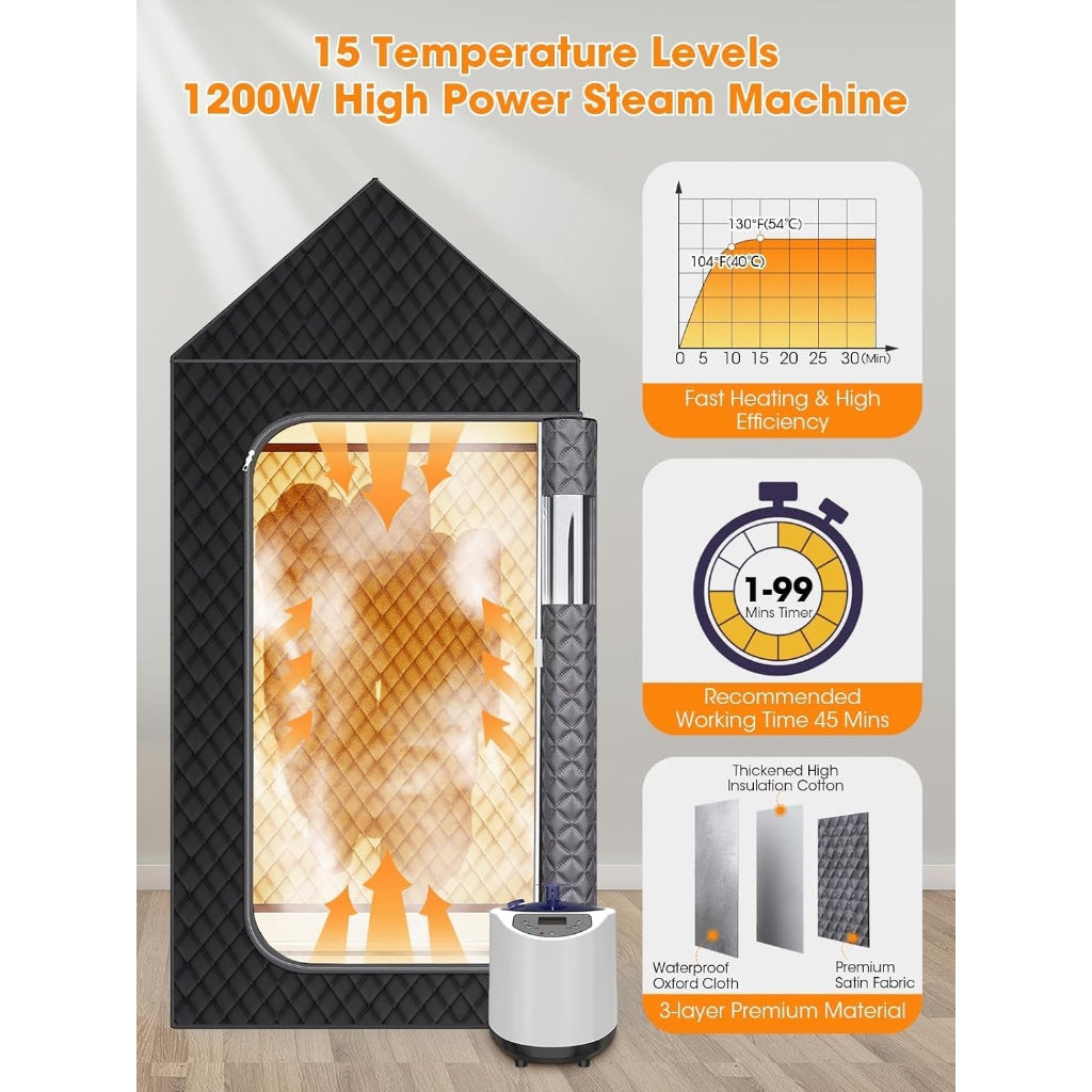 MQFORU Portable Steam Sauna XL 3L 1200W Home Spa with Folding Chair Remote Control Foot Massager and Mat Black 195 x 90 x 90 cm - Damaged Box