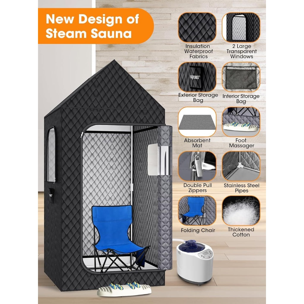 MQFORU Portable Steam Sauna XL 3L 1200W Home Spa with Folding Chair Remote Control Foot Massager and Mat Black 195 x 90 x 90 cm - Damaged Box