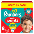 Pampers Baby-Dry Nappy Pants Size 8 117 Pack Monthly Box 17kg Plus 360 Fit Pull On Diapers with Stop and Protect Pocket - Damaged Box