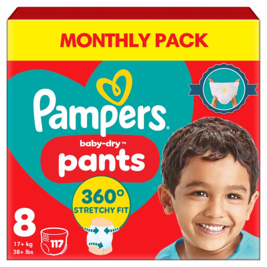Pampers Baby-Dry Nappy Pants Size 8 117 Pack Monthly Box 17kg Plus 360 Fit Pull On Diapers with Stop and Protect Pocket - Damaged Box