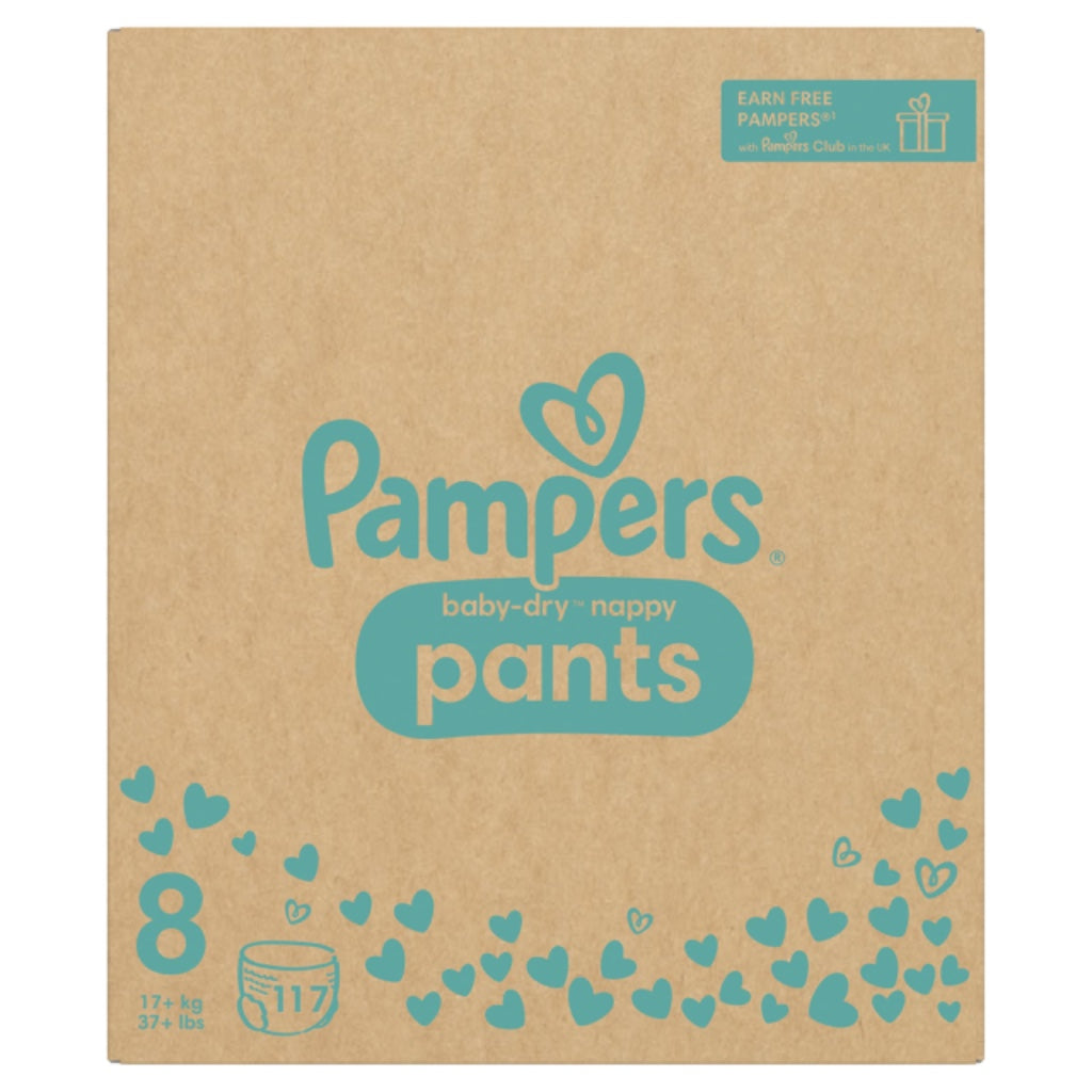 Pampers Baby-Dry Nappy Pants Size 8 117 Pack Monthly Box 17kg Plus 360 Fit Pull On Diapers with Stop and Protect Pocket - Damaged Box