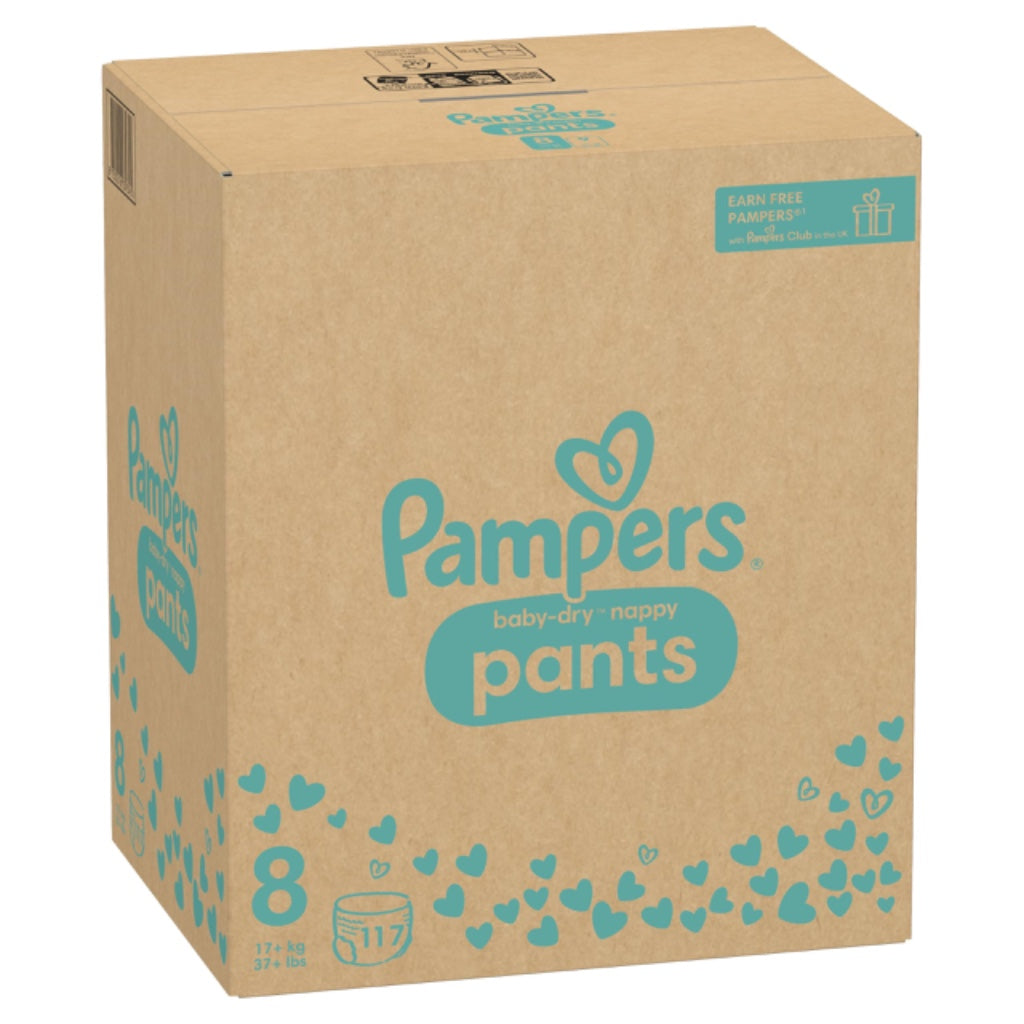 Pampers Baby-Dry Nappy Pants Size 8 117 Pack Monthly Box 17kg Plus 360 Fit Pull On Diapers with Stop and Protect Pocket - Damaged Box