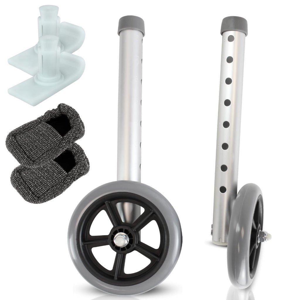 NRS Healthcare Aluminium Lightweight Replacement Coopers Walking Frame Wheels - Pair of Mobility Aid Spare Parts - Grey Rubber Wheels - Very Good