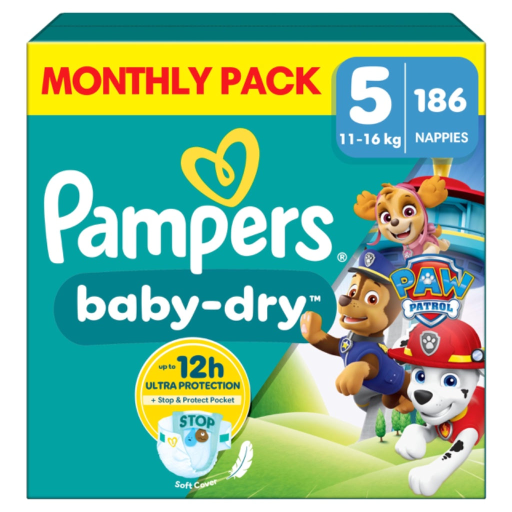 Pampers Baby-Dry Paw Patrol Edition Nappies Size 5 Monthly Pack 186 Count 11kg-16kg Disposable Baby Diapers Night Time Protection - Very Good