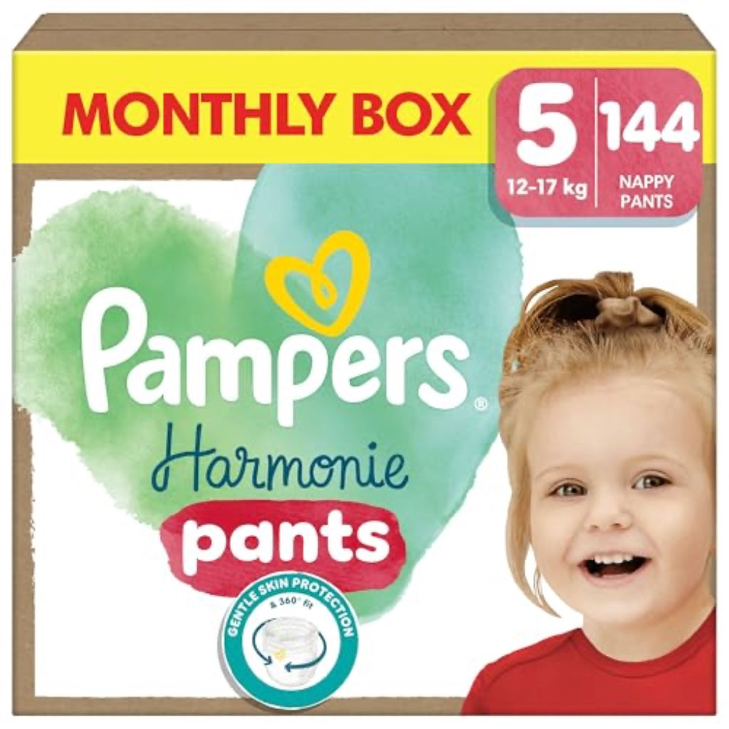 Pampers Harmonie Nappy Pants Size 5 Monthly Pack 144 Nappies 12kg-17kg Pull Ons Baby Diapers Hypoallergenic Gentle Skin Protection