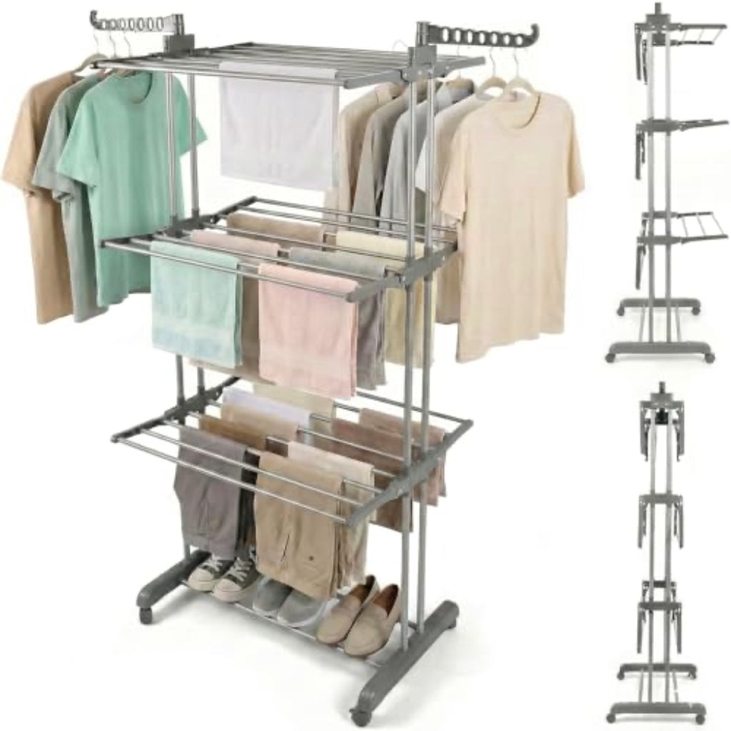 Rainberg Clothes Drying Rack 4-Tier Extra Large Foldable Clothes Airer with Wheels Stainless Steel Indoor Outdoor Laundry Garment Rack Wings - Like New