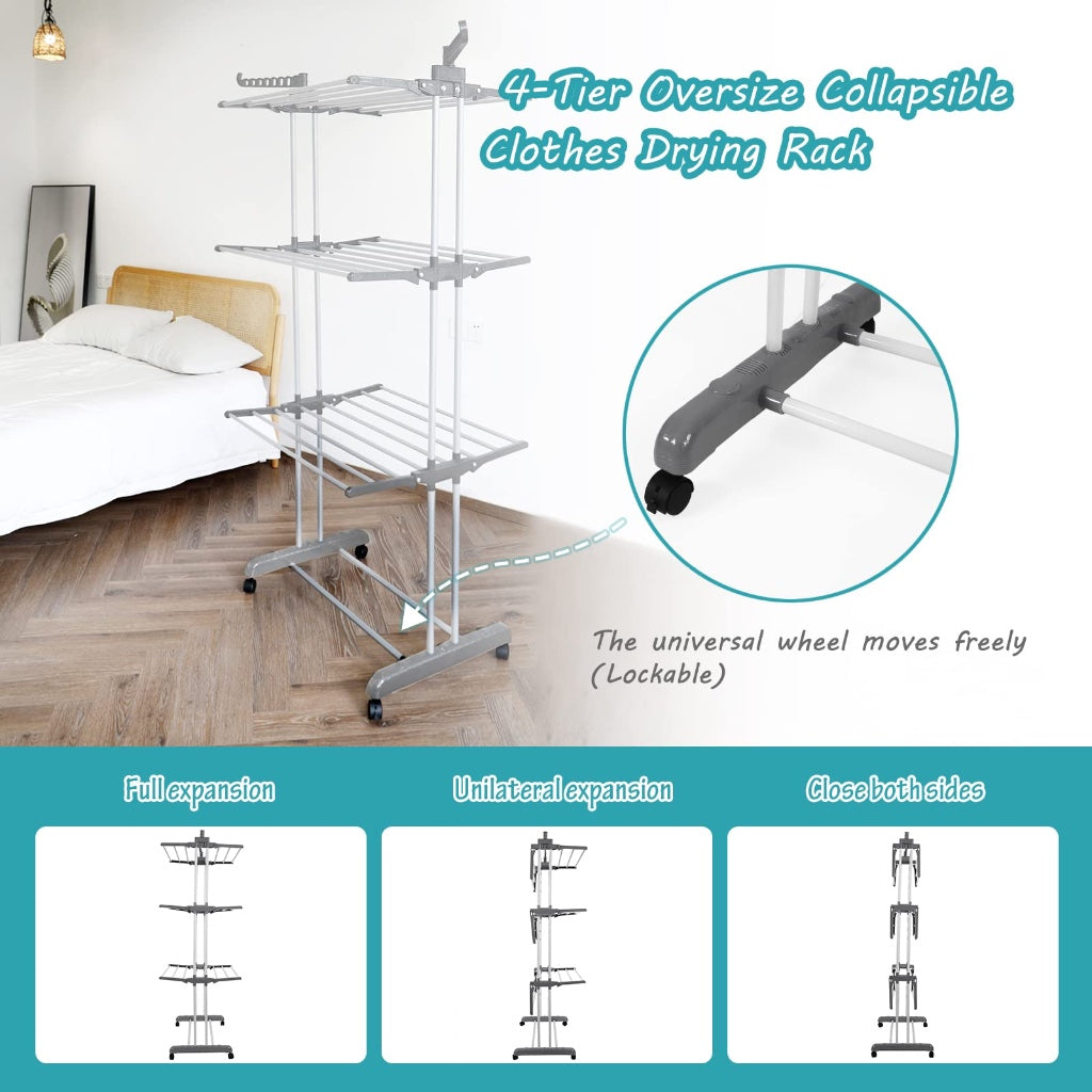 Rainberg Clothes Drying Rack 4-Tier Extra Large Foldable Clothes Airer with Wheels Stainless Steel Indoor Outdoor Laundry Garment Rack Wings - Like New