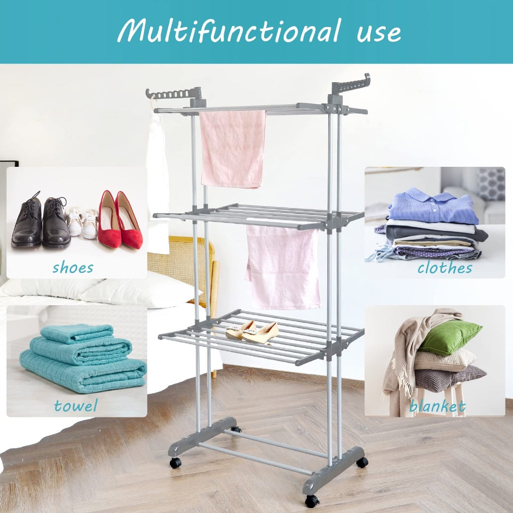 Rainberg Clothes Drying Rack 4-Tier Extra Large Foldable Clothes Airer with Wheels Stainless Steel Indoor Outdoor Laundry Garment Rack Wings - Like New