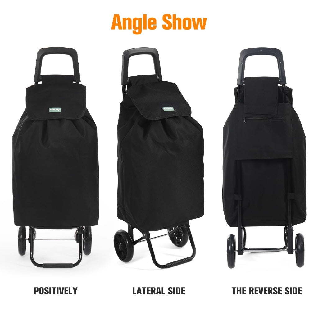 Rainberg 50L Lightweight 2 Wheel Shopping Trolley Black Hard Wearing Folding Collapsible Push Pull Cart for Groceries and Travel Storage - Like New