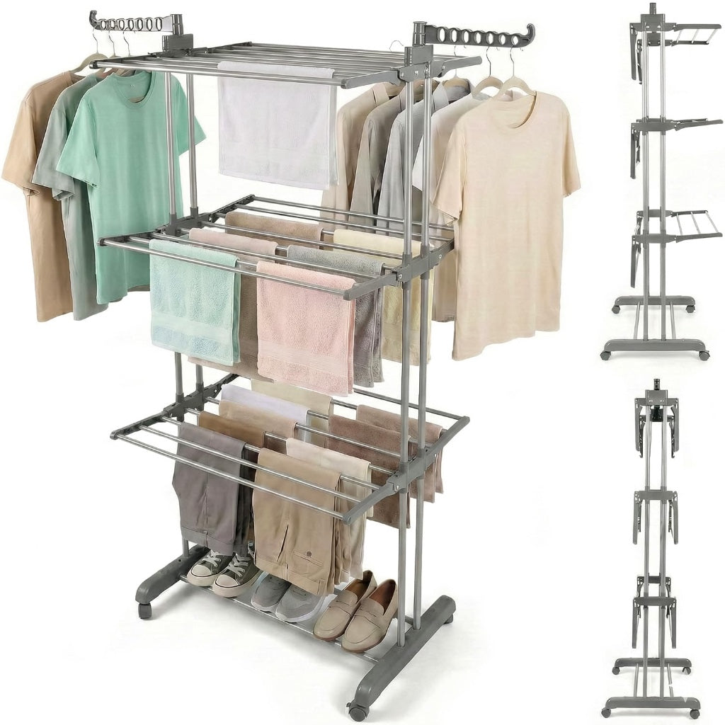 Rainberg Clothes Drying Rack Extra Large 4-Tier Foldable Laundry Airer Stainless Steel Indoor Outdoor Garment Rack with Wheels and Wings - Very Good