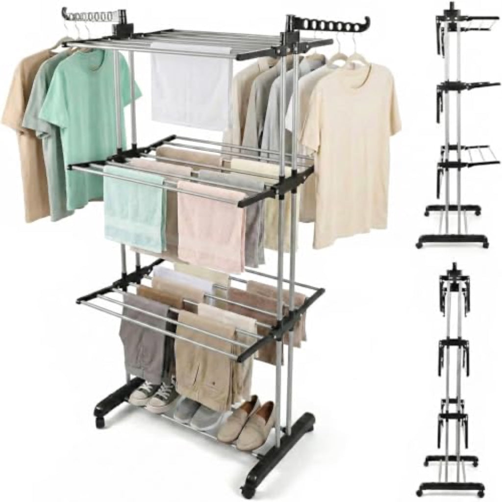 Rainberg Clothes Drying Rack Extra Large 4-Tier Foldable Laundry Airer Stainless Steel Indoor Outdoor Garment Rack with Wheels and Wings - Very Good