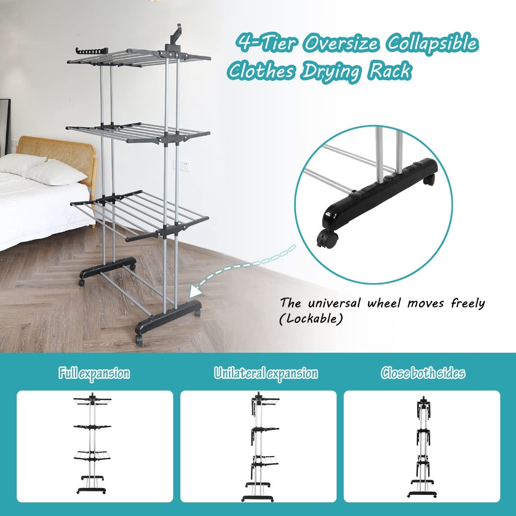 Rainberg Clothes Drying Rack Extra Large 4-Tier Foldable Laundry Airer Stainless Steel Indoor Outdoor Garment Rack with Wheels and Wings - Very Good