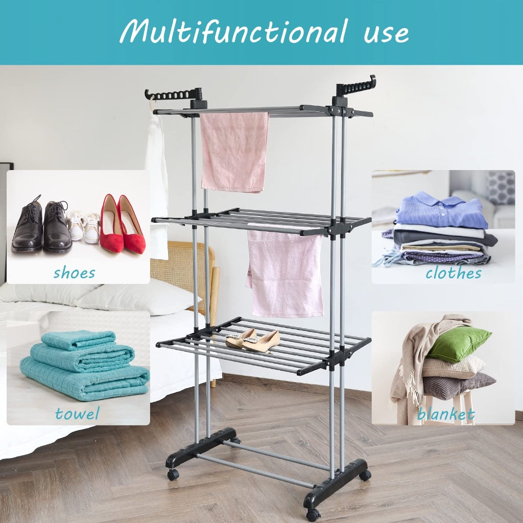 Rainberg Clothes Drying Rack Extra Large 4-Tier Foldable Laundry Airer Stainless Steel Indoor Outdoor Garment Rack with Wheels and Wings - Very Good