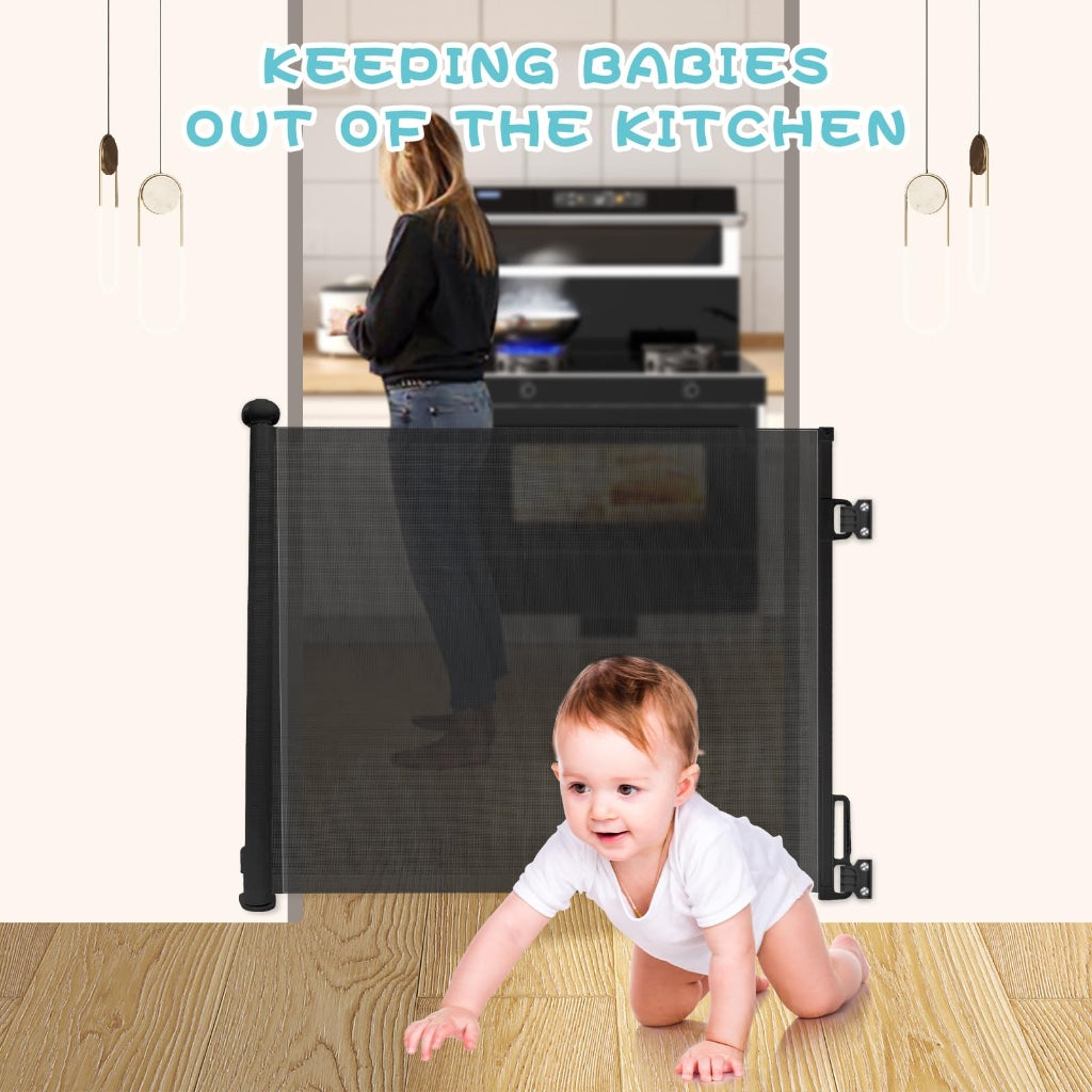 Rainberg Retractable Baby and Pet Stair Gate 150cm Wide x 80cm Tall One Hand Operation Safety Gate for Doorways and Hallways Black - Damaged Box