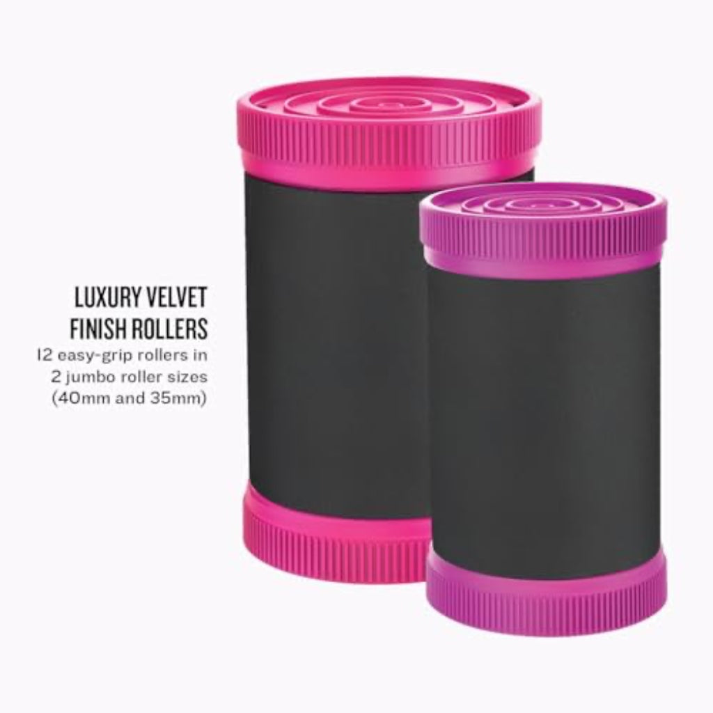 Remington H5670 Jumbo Heated Hair Rollers Set of 12 Velvet Flocked Ceramic Ionic Rollers with Wax Core and Clips 35mm and 40mm Pink Black - Very Good
