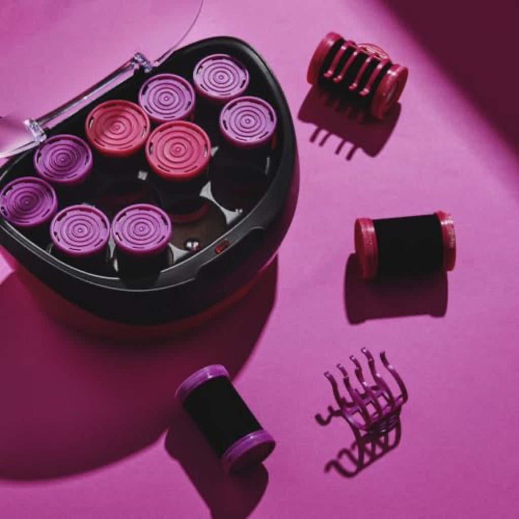 Remington H5670 Jumbo Heated Hair Rollers Set of 12 Velvet Flocked Ceramic Ionic Rollers with Wax Core and Clips 35mm and 40mm Pink Black - Very Good