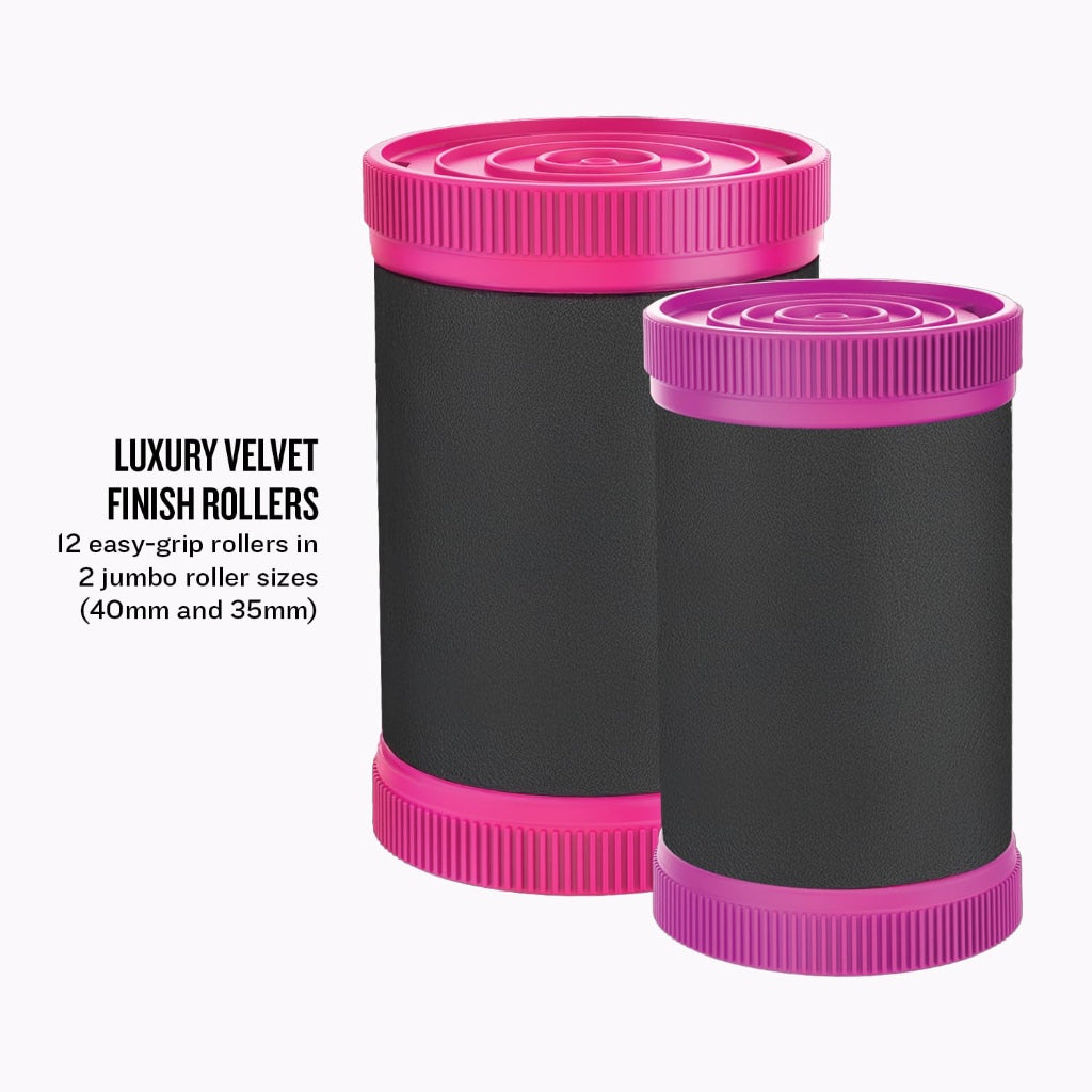 Remington H5670 Jumbo Heated Hair Rollers Set of 12 Velvet Flocked Ceramic Ionic Rollers with Wax Core and Clips 35mm and 40mm Pink Black - Very Good