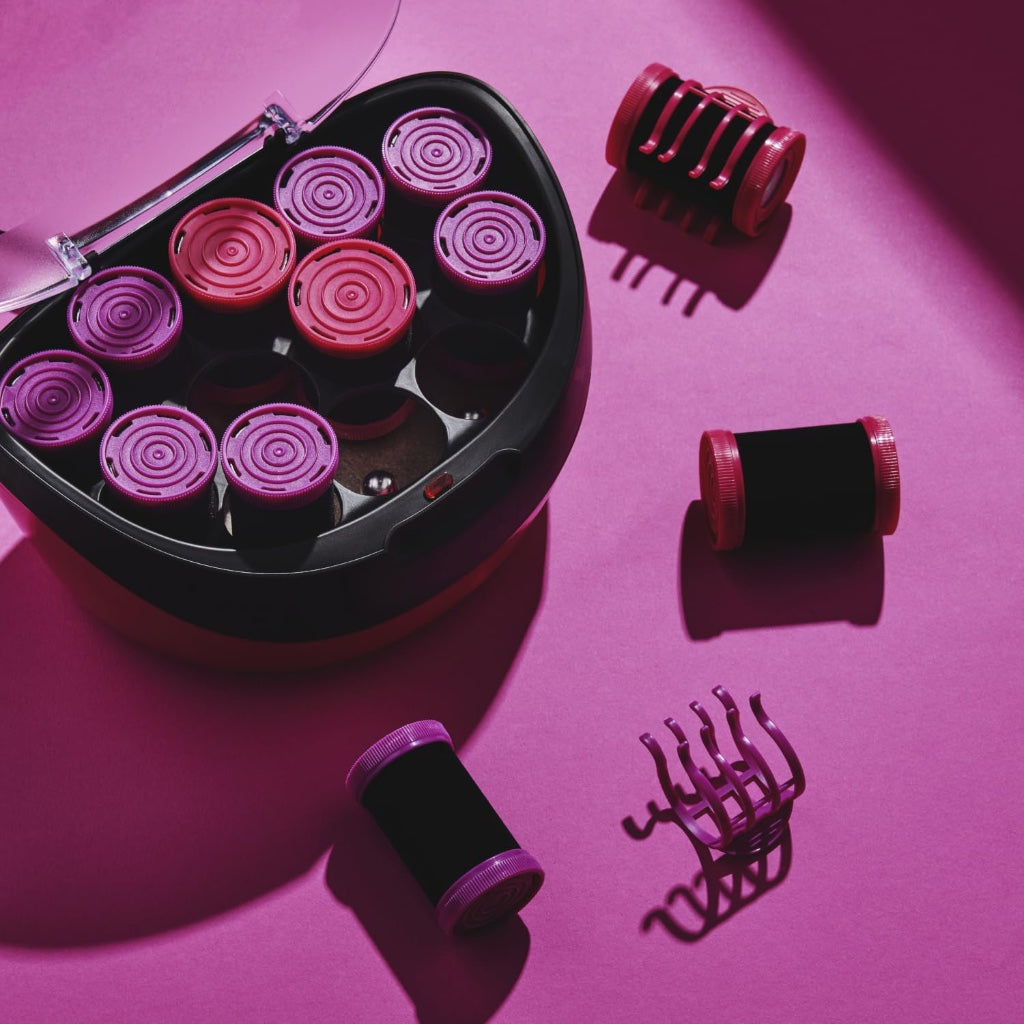 Remington H5670 Jumbo Heated Hair Rollers Set of 12 Velvet Flocked Ceramic Ionic Rollers with Wax Core and Clips 35mm and 40mm Pink Black - Very Good