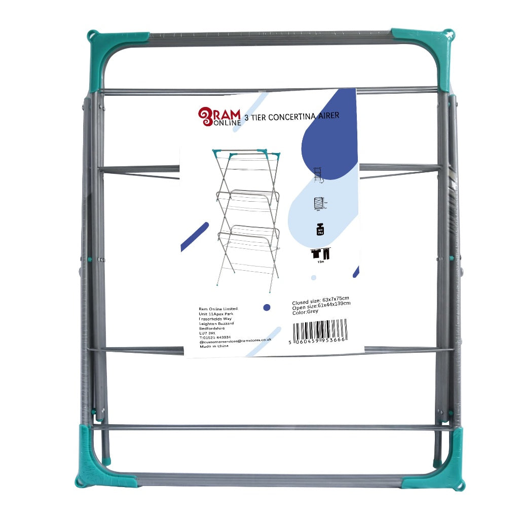 Ram 3 Tier Deluxe Clothes Airer Foldable Heavy Duty Indoor Laundry Drying Rack with 4 Corner Hooks and Sock Dryer 14m Airing Capacity