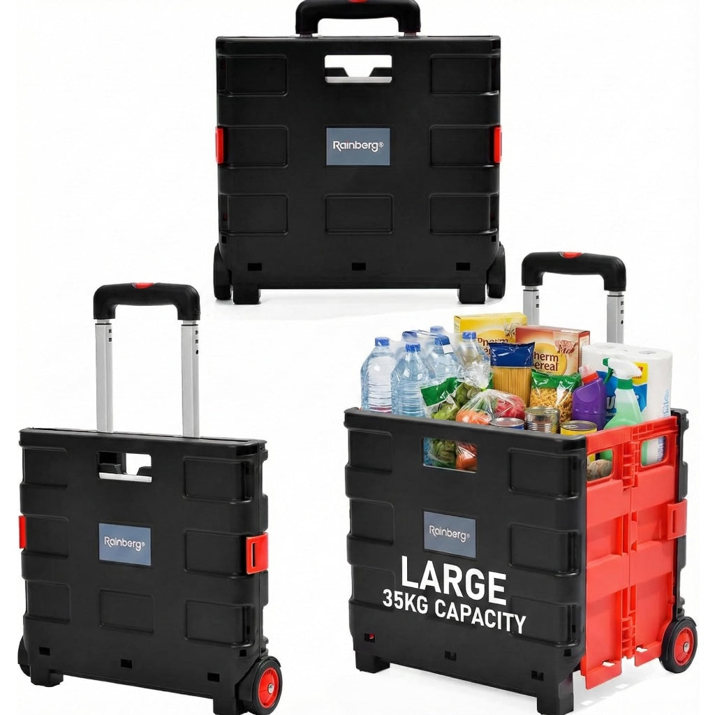 Rainberg Heavy Duty Folding Trolley Box Cart Extra Large 35kg Capacity Portable Shopping Crate and Boot Organiser Folds Flat Black and