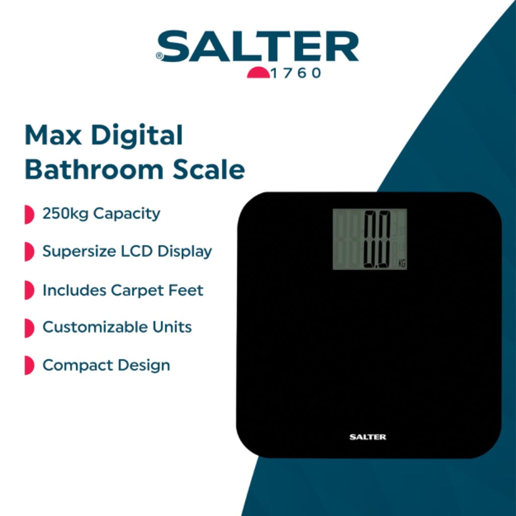 Salter 9049 BK3R Max Digital Bathroom Scale High Capacity 250kg Body Weight Weighing Scales with Supersize LCD Display and Carpet Feet Black - Like New