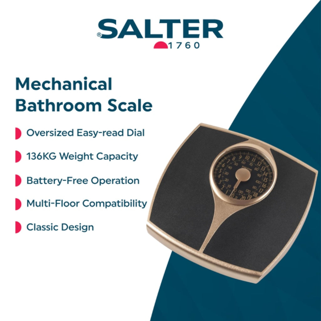 Salter Speedo Dial Mechanical Bathroom Scale - Analog Body Weight Scale No Batteries Required 136kg Capacity KG ST LBS Large Platform Gold - Damaged Box