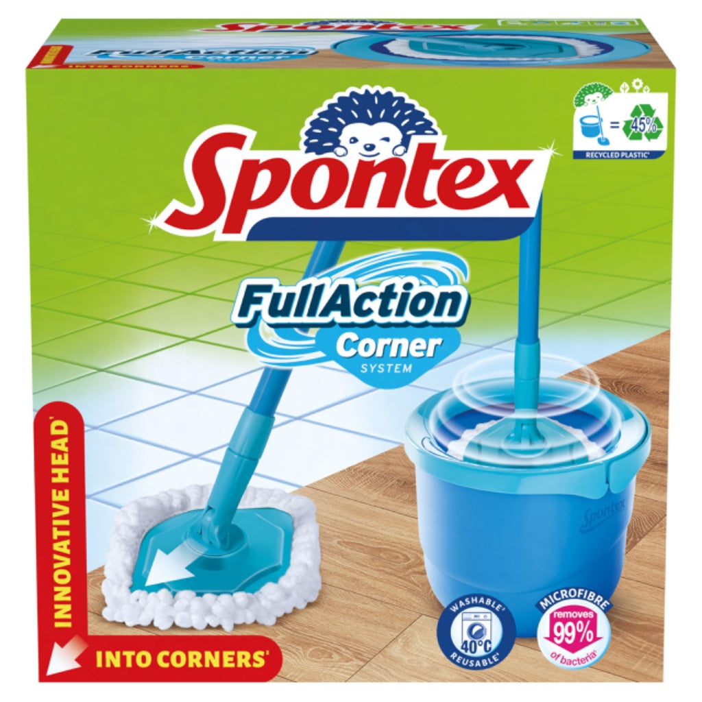 Spontex Full Action Corner System Spin Mop and Bucket Set Microfibre Floor Cleaner for Wood Laminate and Tile 360 Degree Wringing System - Very Good