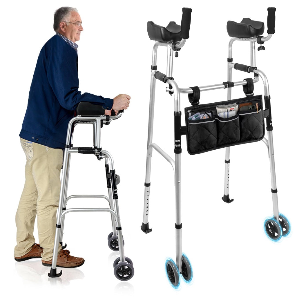Upright Walking Frame with Padded Armrests and Wheels - Height Adjustable Aluminum Stand Up Walker for Elderly - Silver Mobility Aid with - Damaged Box