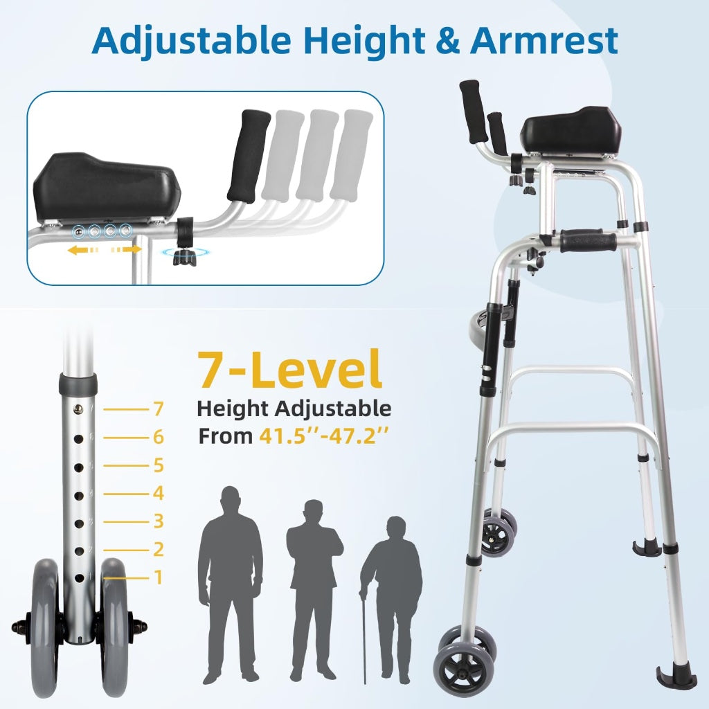 Upright Walking Frame with Padded Armrests and Wheels - Height Adjustable Aluminum Stand Up Walker for Elderly - Silver Mobility Aid with - Damaged Box