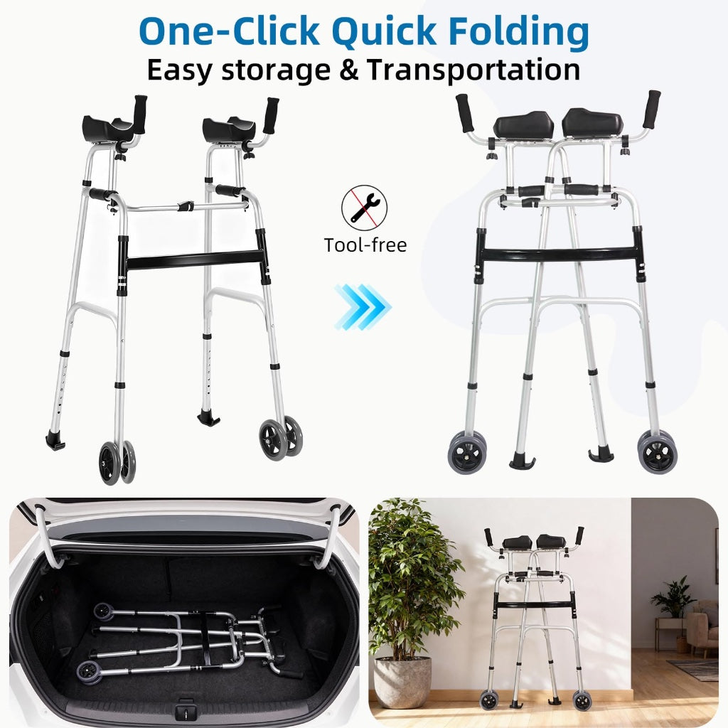 Upright Walking Frame with Padded Armrests and Wheels - Height Adjustable Aluminum Stand Up Walker for Elderly - Silver Mobility Aid with - Damaged Box