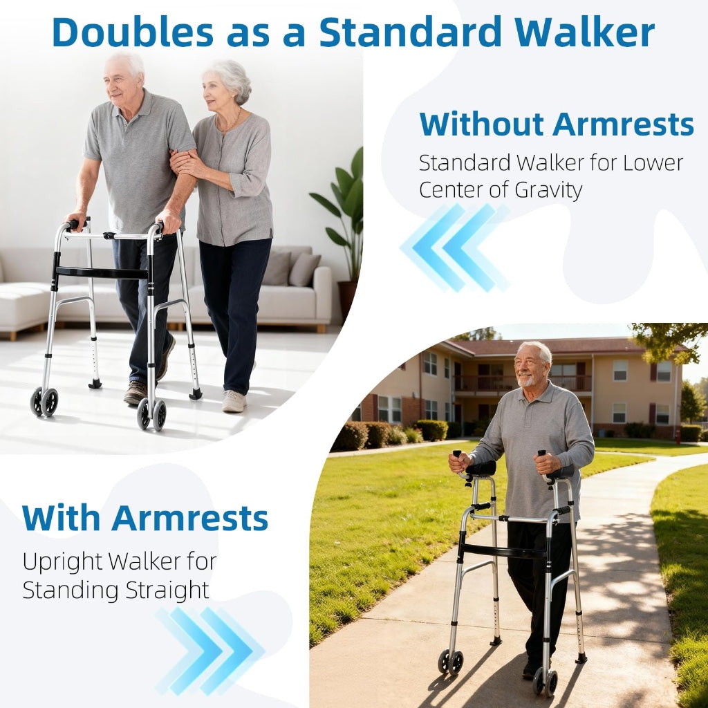 Upright Walking Frame with Padded Armrests and Wheels - Height Adjustable Aluminum Stand Up Walker for Elderly - Silver Mobility Aid with - Damaged Box
