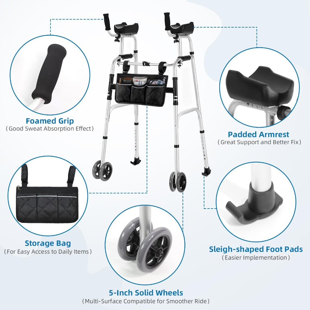 Upright Walking Frame with Padded Armrests and Wheels - Height Adjustable Aluminum Stand Up Walker for Elderly - Silver Mobility Aid with - Damaged Box