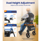 VOCIC Rollator Walker with Seat and Brakes Foldable Lightweight Mobility Aid for Seniors 8 Inch All Terrain Wheels Adjustable Height Black