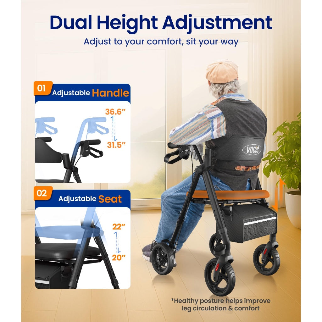 VOCIC Rollator Walker with Seat and Brakes Foldable Lightweight Mobility Aid for Seniors 8 Inch All Terrain Wheels Adjustable Height Black
