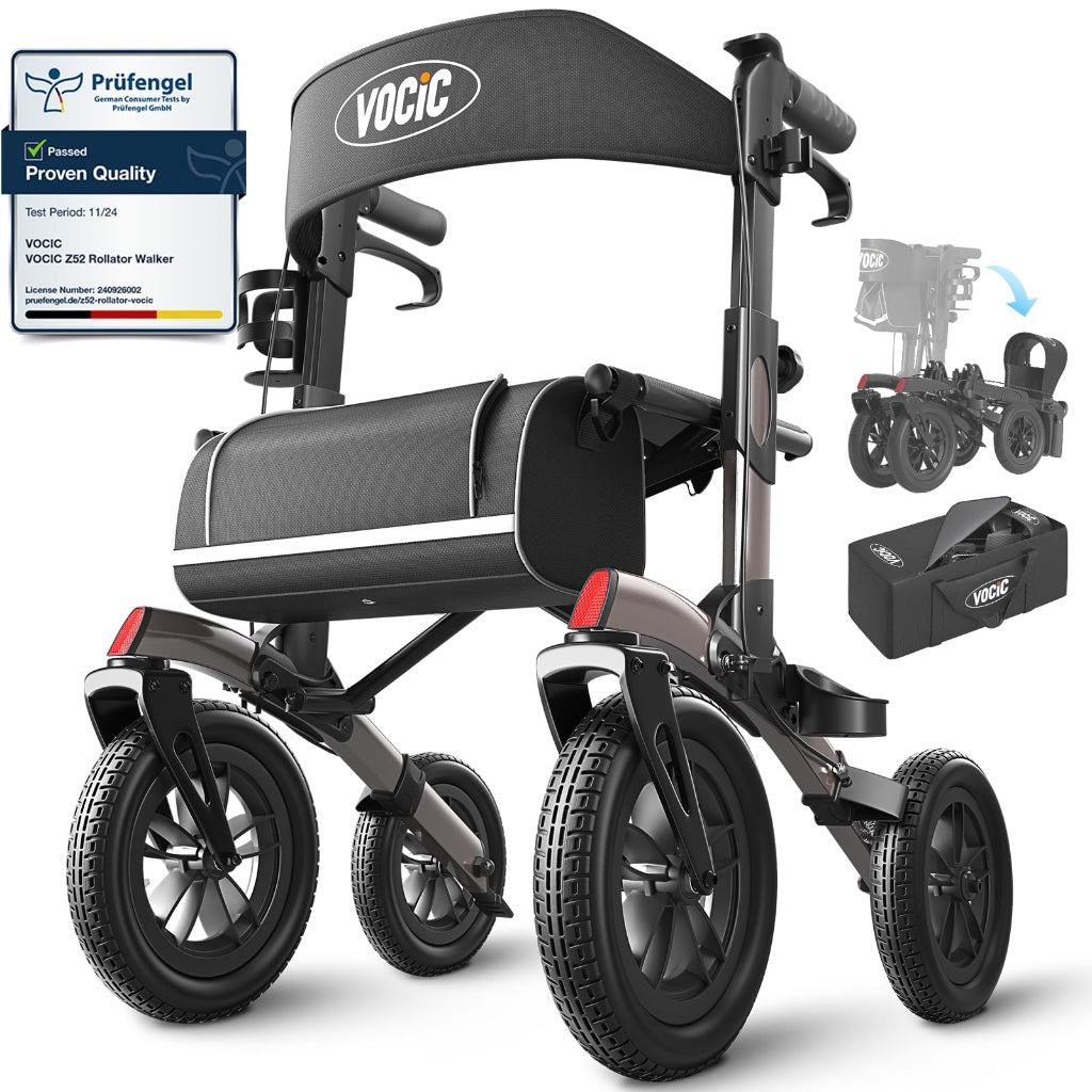 Vocic All Terrain Rollator Walker Foldable Outdoor Mobility Aid with Seat 12 Inch Rubber Tyres Storage Bag and Brakes for Seniors and Adults - Like New