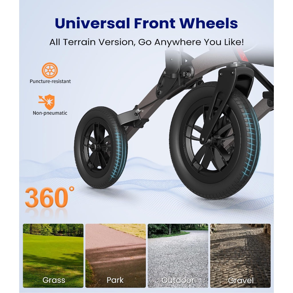Vocic All Terrain Rollator Walker Foldable Outdoor Mobility Aid with Seat 12 Inch Rubber Tyres Storage Bag and Brakes for Seniors and Adults - Like New