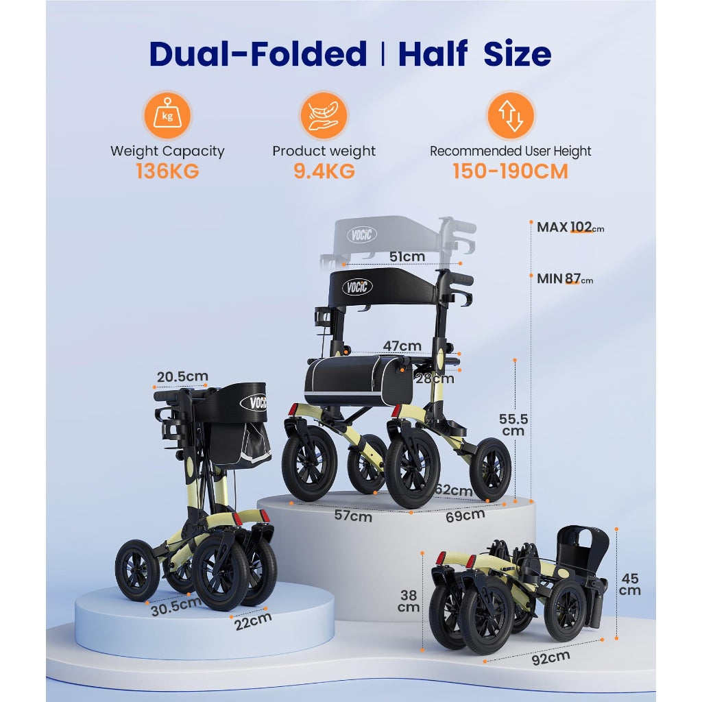 Vocic All Terrain Rollator Walker Foldable Outdoor Mobility Aid with Seat 12 Inch Rubber Tyres Storage Bag and Brakes for Seniors and Adults - Like New