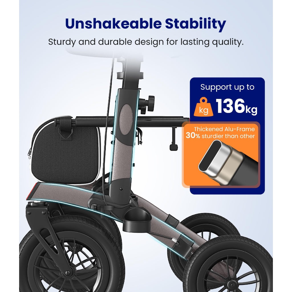 Vocic All Terrain Rollator Walker Foldable Outdoor Mobility Aid with Seat 12 Inch Rubber Tyres Storage Bag and Brakes for Seniors and Adults - Like New