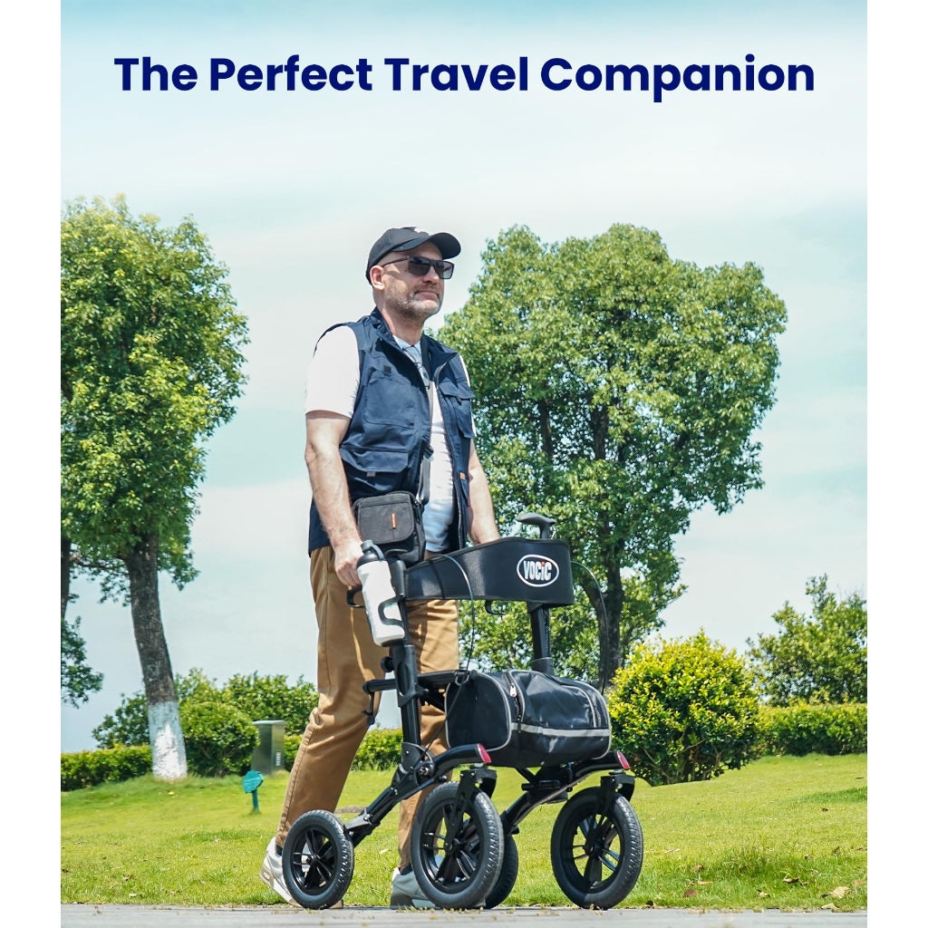 Vocic All Terrain Rollator Walker Foldable Outdoor Mobility Aid with Seat 12 Inch Rubber Tyres Storage Bag and Brakes for Seniors and Adults - Like New