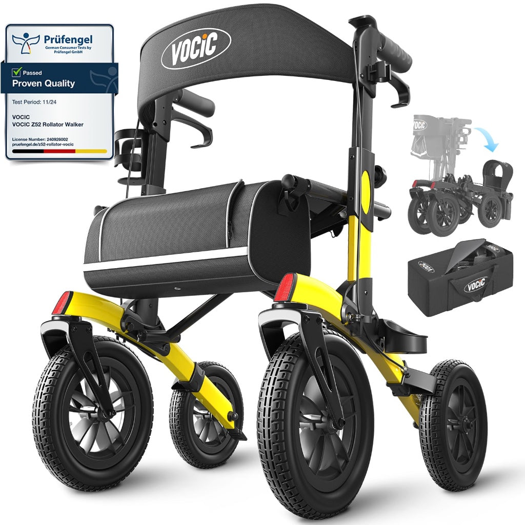 Vocic All Terrain Rollator Walker Foldable Outdoor Mobility Aid with Seat 12 Inch Rubber Tyres Storage Bag and Brakes for Seniors and Adults - Like New