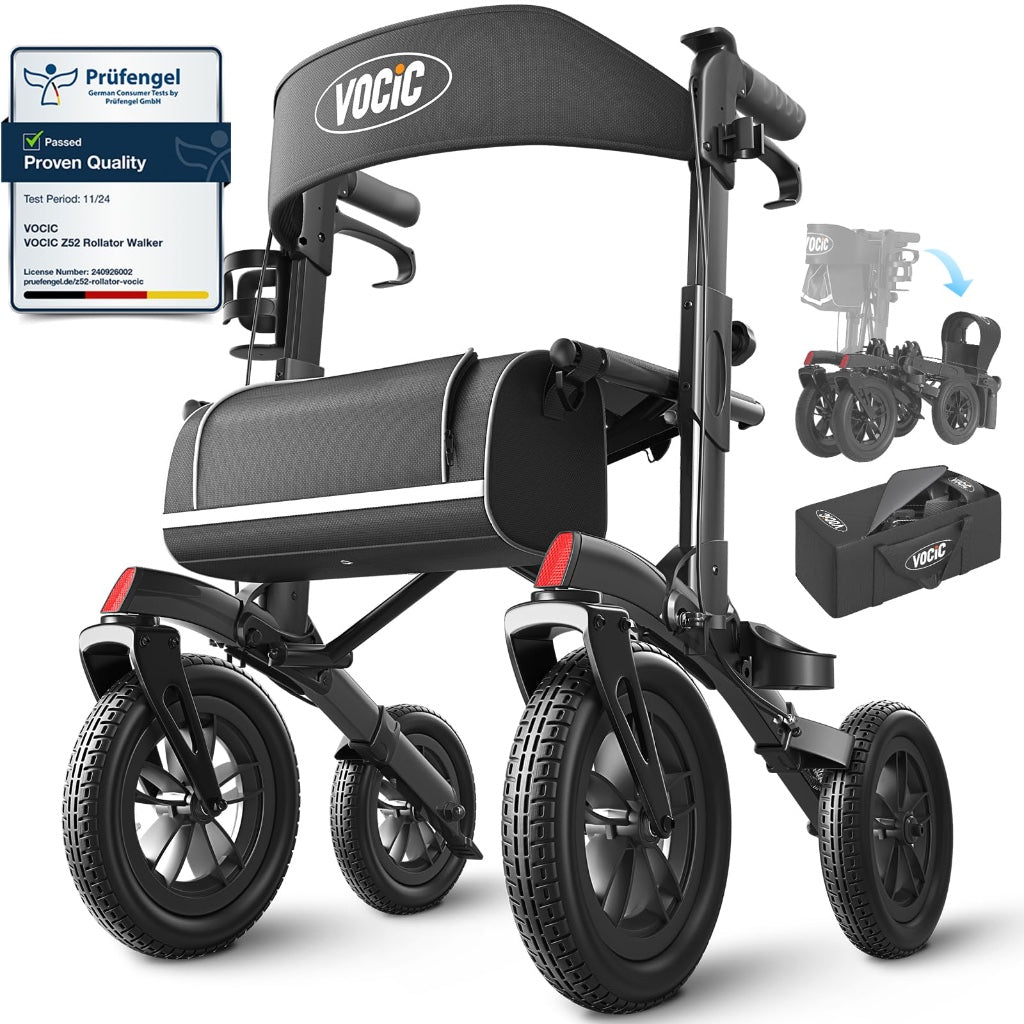 Vocic All Terrain Rollator Walker Foldable Outdoor Mobility Aid with Seat 12 Inch Rubber Tyres Storage Bag and Brakes for Seniors and Adults - Like New