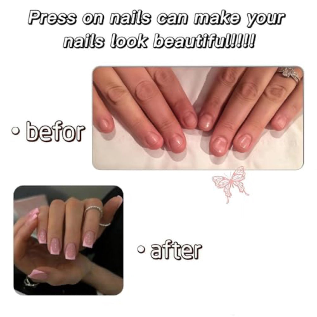 24Pcs Square Pink Edge French Tip Short False Nails Press On Nails for Women Girls - Full Cover Acrylic Nail Art, No UV/LED Needed, Adhesive Nail Accessories - Damaged Box