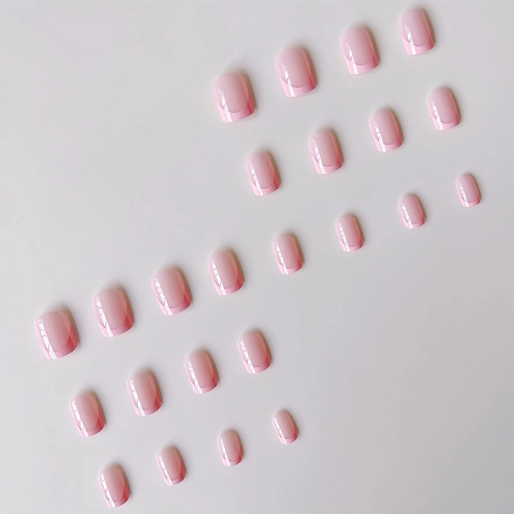 24Pcs Square Pink Edge French Tip Short False Nails Press On Nails for Women Girls - Full Cover Acrylic Nail Art, No UV/LED Needed, Adhesive Nail Accessories - Damaged Box