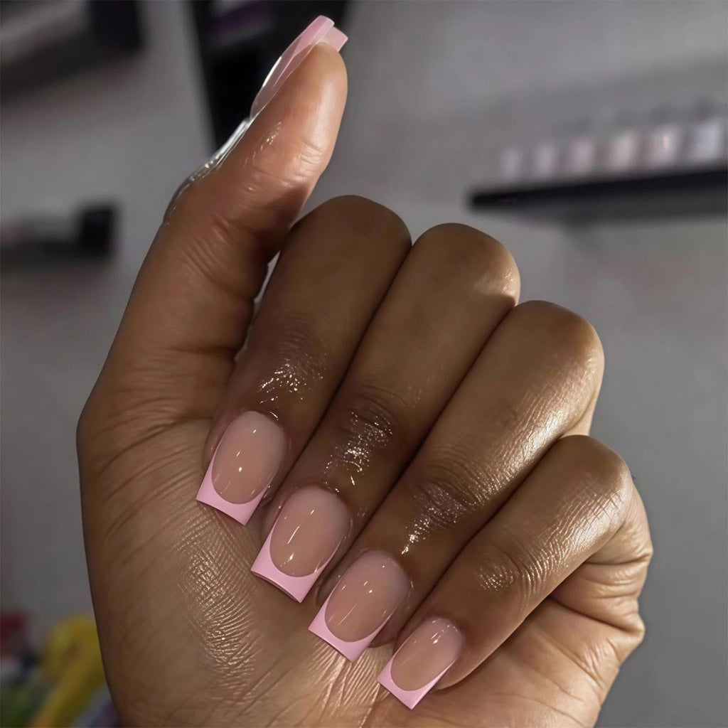 24Pcs Square Pink Edge French Tip Short False Nails Press On Nails for Women Girls - Full Cover Acrylic Nail Art, No UV/LED Needed, Adhesive Nail Accessories - Damaged Box