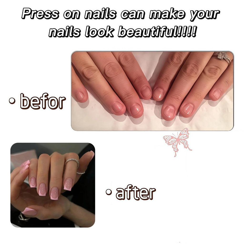 24Pcs Square Pink Edge French Tip Short False Nails Press On Nails for Women Girls - Full Cover Acrylic Nail Art, No UV/LED Needed, Adhesive Nail Accessories - Damaged Box