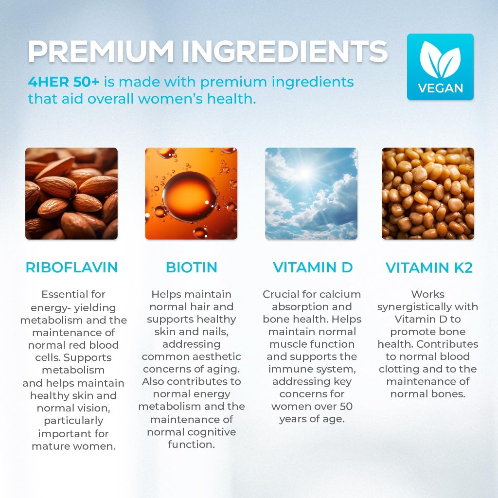 4 HER 50+ - Multi Vitamins for Women Over 50 - Vegan Tablets, 60pcs - Multi Vitamins and Minerals Supplements with Biotin, Vitamin K2, Vitamin D3 and Vitamin B2 - Post Menopause Supplements - BBE 06/2026