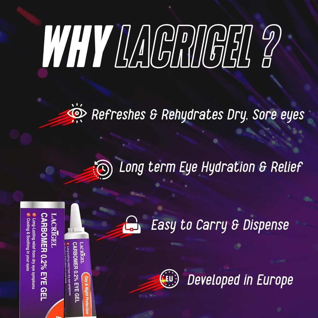 3X Lacrigel CARBOMER 0.2% - Eye Gel for Dry, Tired, and Red Eyes - Soothes Irritation, Reduces Soreness - 24x7 Day and Night Protection - Safe and Premium Formulation - Sterile Pack of 10g (Pack 3)