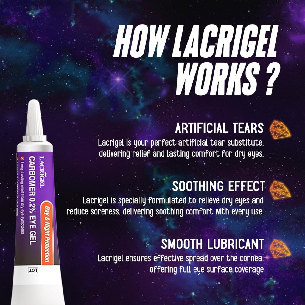 3X Lacrigel CARBOMER 0.2% - Eye Gel for Dry, Tired, and Red Eyes - Soothes Irritation, Reduces Soreness - 24x7 Day and Night Protection - Safe and Premium Formulation - Sterile Pack of 10g (Pack 3)