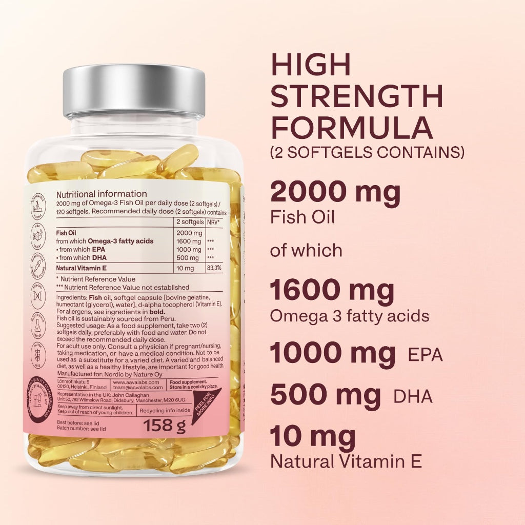 Aavalabs Omega 3 Fish Oil 2000mg per Daily dose (2 softgels) - 1000mg EPA + 500 mg DHA per dose - High Strength Omega 3 Fatty Acids Supplements - Molecularly Distilled - 120 Capsules - 60 Days Supply - BBE 03/2028