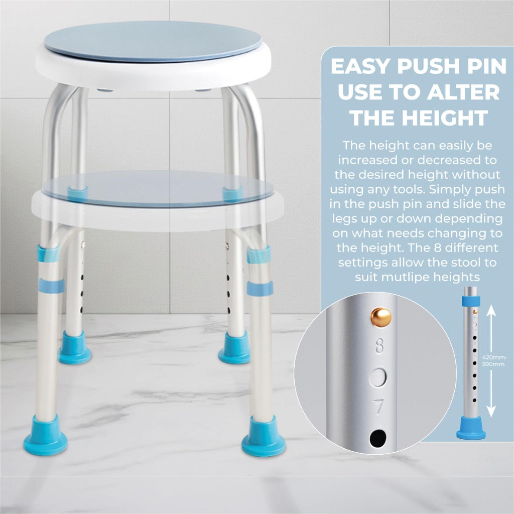 Aidapt Bath Stool with Rotating Seat Non-Slip Ferrules,8 Numbered Height Settings,Shower Chair,Elderly,Disabled,Pregnancy,Post Surgery,Rust Free Aluminium, Lightweight, Easy Assembly, White/Blue - Like New